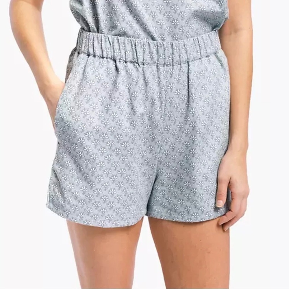 Laude The Label Blue Floral Cotton Flax Shorts Women Size L Cottage Coastal Boho